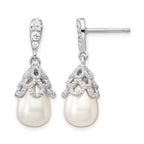 Cheryl M Sterling Silver Rhodium-plated Teardrop White Freshwater Cultured Pearl and Brilliant-cut CZ Post Dangle Earrings
