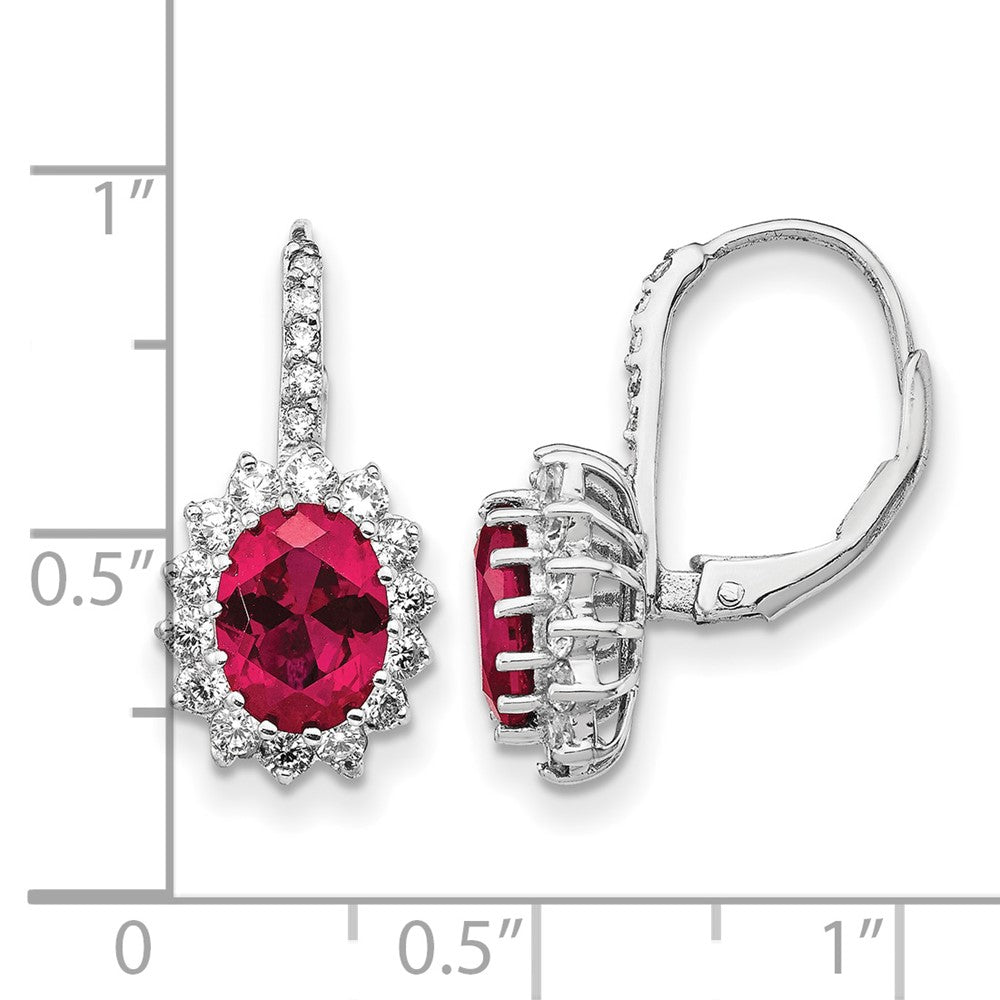Cheryl M Sterling Silver Rhodium-plated Brilliant-cut Lab Created Ruby and Brilliant-cut White CZ Oval Halo Leverback Earrings