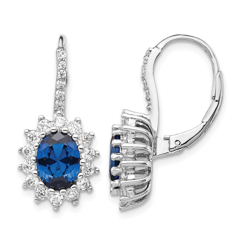 Cheryl M Sterling Silver Rhodium-plated Brilliant-cut Lab Created Dark Blue Spinel and Brilliant-cut White CZ Oval Halo Leverback Earrings