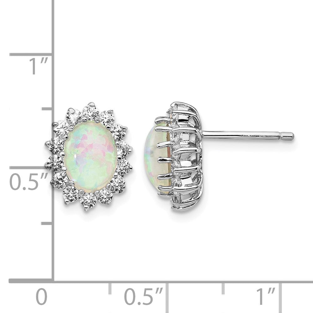 Cheryl M Sterling Silver Rhodium-plated Cabochon Lab Created Opal and Brilliant-cut CZ Oval Halo Post Earrings