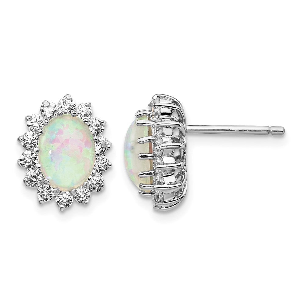 Cheryl M Sterling Silver Rhodium-plated Cabochon Lab Created Opal and Brilliant-cut CZ Oval Halo Post Earrings