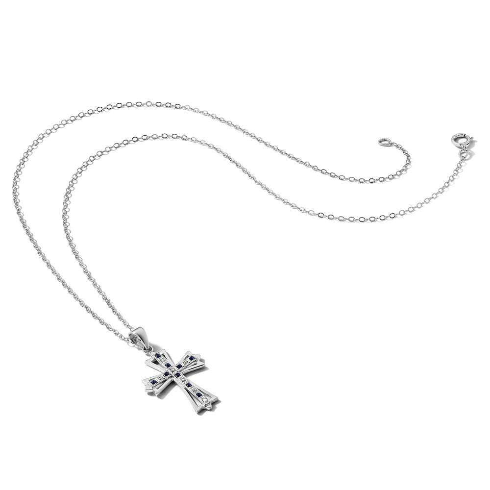 Diamond Fascination Diamond Mystique Sterling Silver Platinum-plated Diamond and Sapphire Cross 18 Inch Necklace