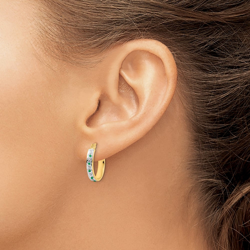 Diamond Fascination Diamond Mystique Sterling Silver 18K Gold-plated Diamond and Emerald Oval Hoop Earrings
