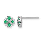 Sterling Silver Rhodium Emerald & Diamond Post Earrings