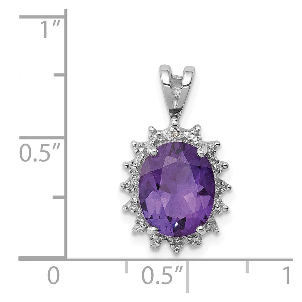 Sterling Silver Rhodium Plated Oval Amethyst and Diamond Pendant