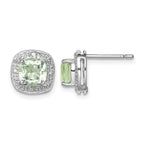 Sterling Silver Rhodium Plated Green Quartz and Diamond Earrings