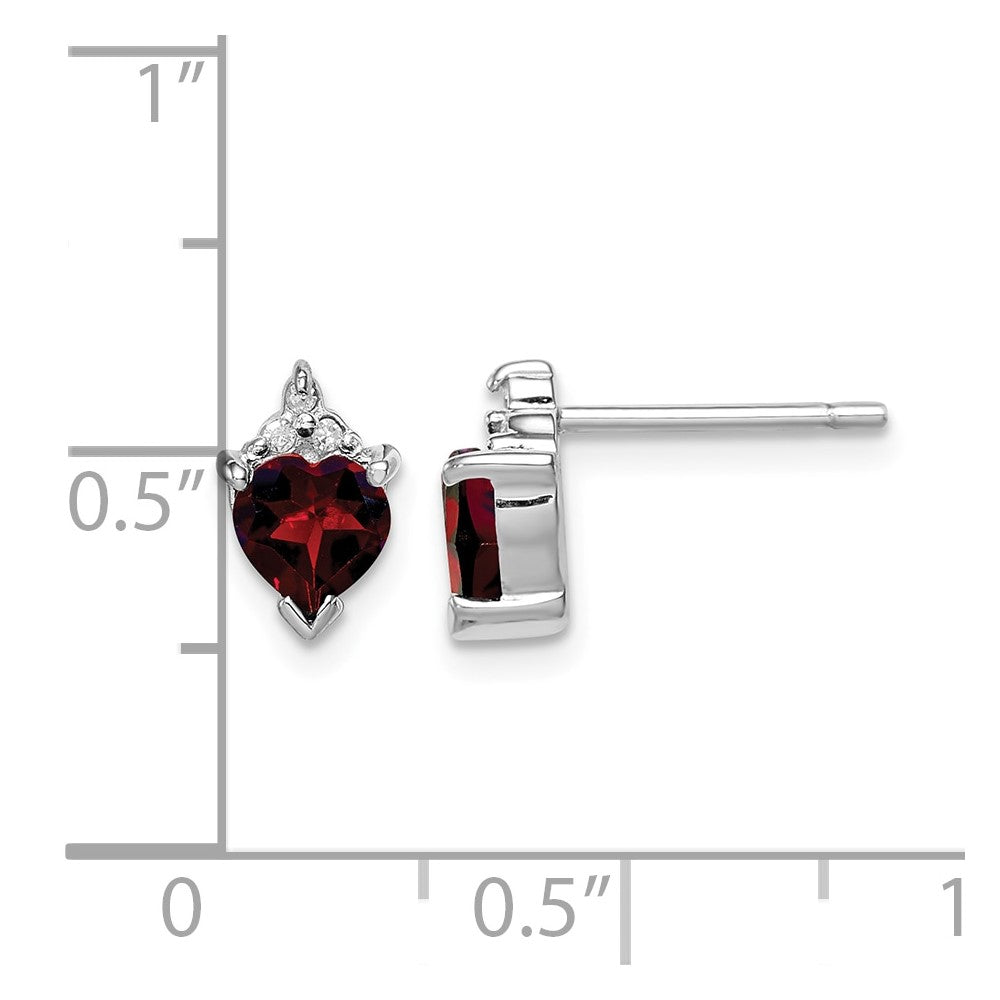 Sterling Silver Rhodium Plated Heart Garnet and Diamond Post Earrings