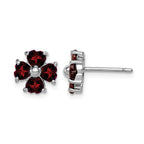 Sterling Silver Rhodium Plated Garnet Flower Post Earrings