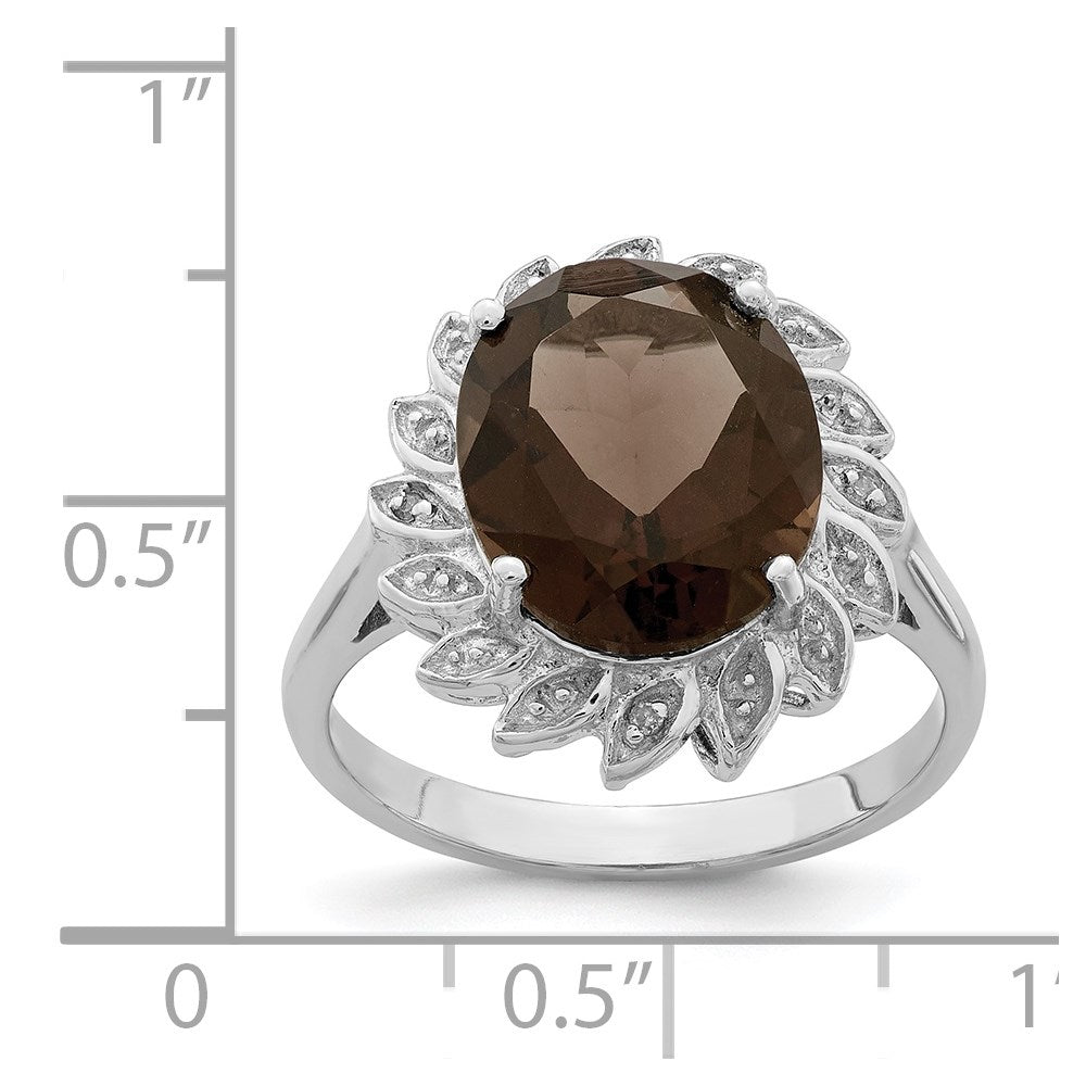 Sterling Silver Rhodium Smoky Quartz & Diamond Ring
