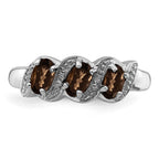Sterling Silver Rhodium 3 Stone Smoky Quartz & Diamond Ring