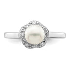 Sterling Silver Rhodium 6mm FW Cultured Button Pearl & Diamond Ring