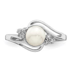 Sterling Silver Rhodium 6mm FW Cultured Button Pearl & Diamond Ring