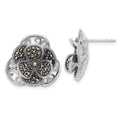 Sterling Silver Polished & Antiqued Marcasite Flower Post Earrings