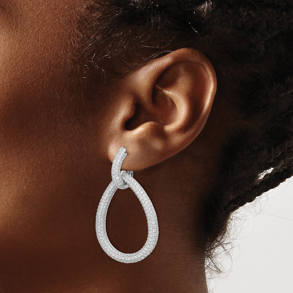 Sterling Shimmer Sterling Silver Rhodium-plated 716 Stone Pav‚ CZ Hinged Teardrop Hoop Earrings