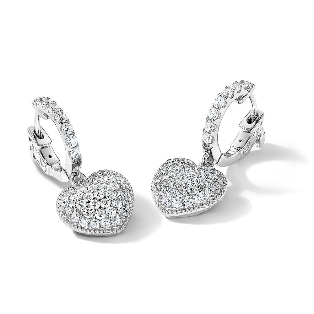 Sterling Shimmer Sterling Silver Rhodium-plated 86 Stone CZ Pav‚ Heart Dangle Hinged Hoop Earrings