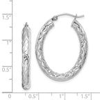 Sterling Silver RH-plated D/C Textured 4mm Oval Hoop Earrings