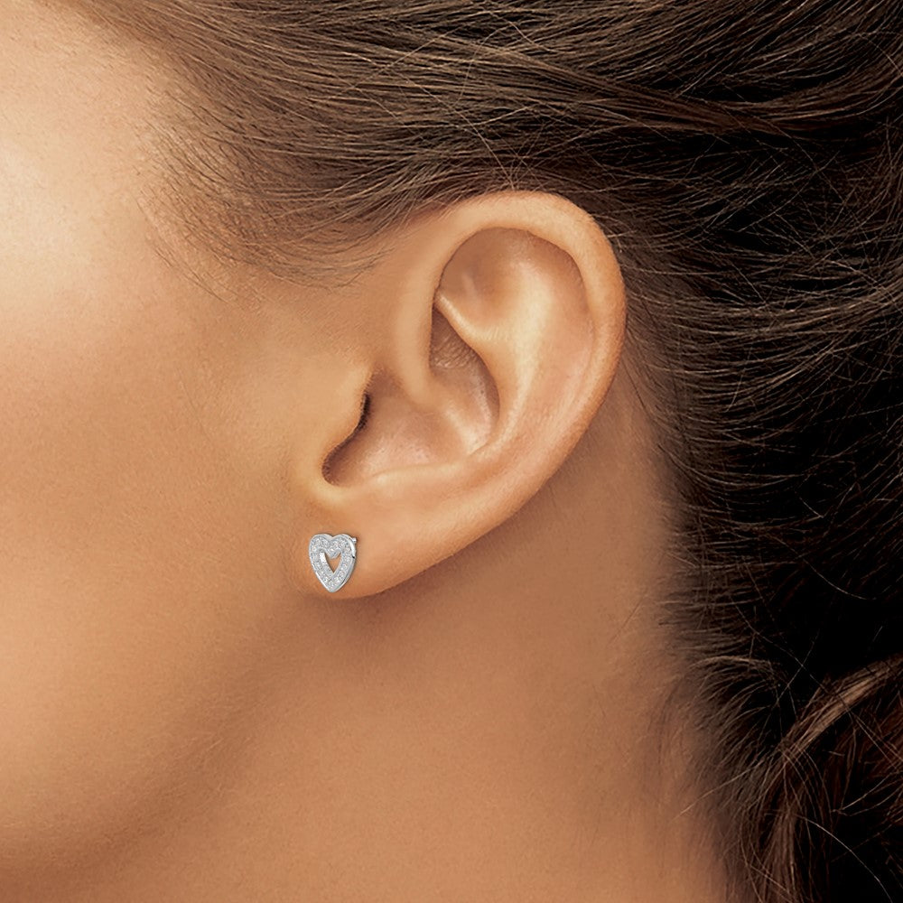 Sterling Silver Rhodium-plated CZ Heart Post Earrings