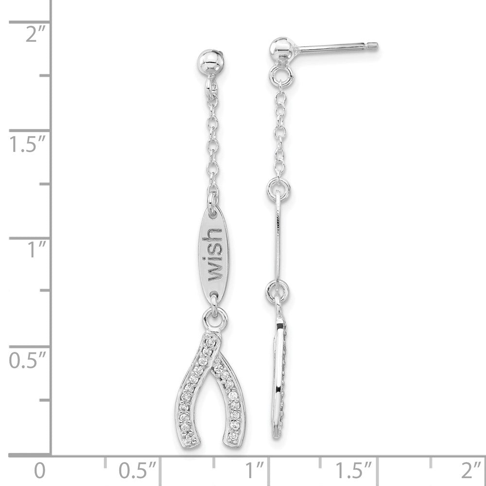 Sterling Silver Polished CZ Wishbone Dangle Post Earrings