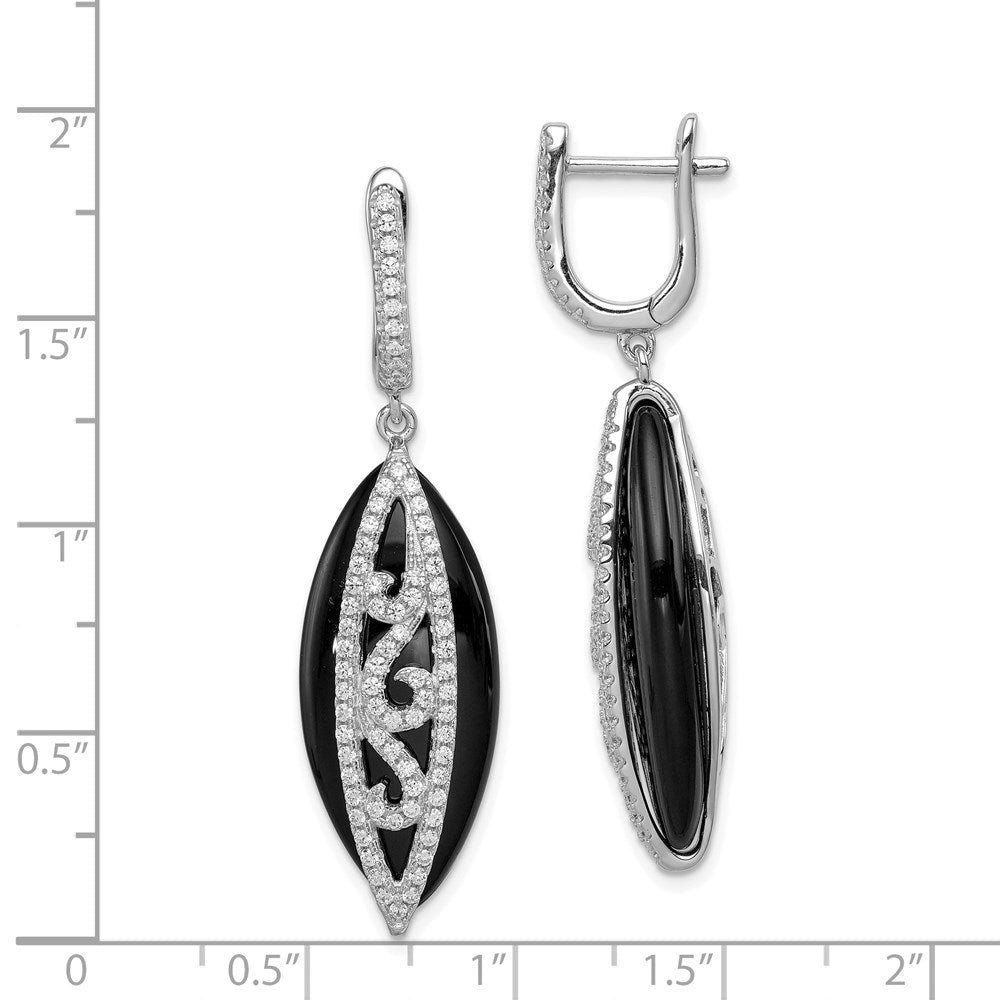 Sterling Silver Rhodium-plated CZ and Onyx Hinged Hoop Earrings
