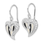 Sterling Silver Polished Black & White Enamel CZ Heart Dangle Earrings