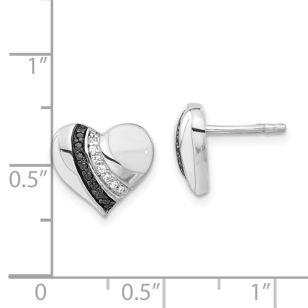 Sterling Silver Black Rhodium-plated Enameled Black & Clear CZ Heart Post Earrings