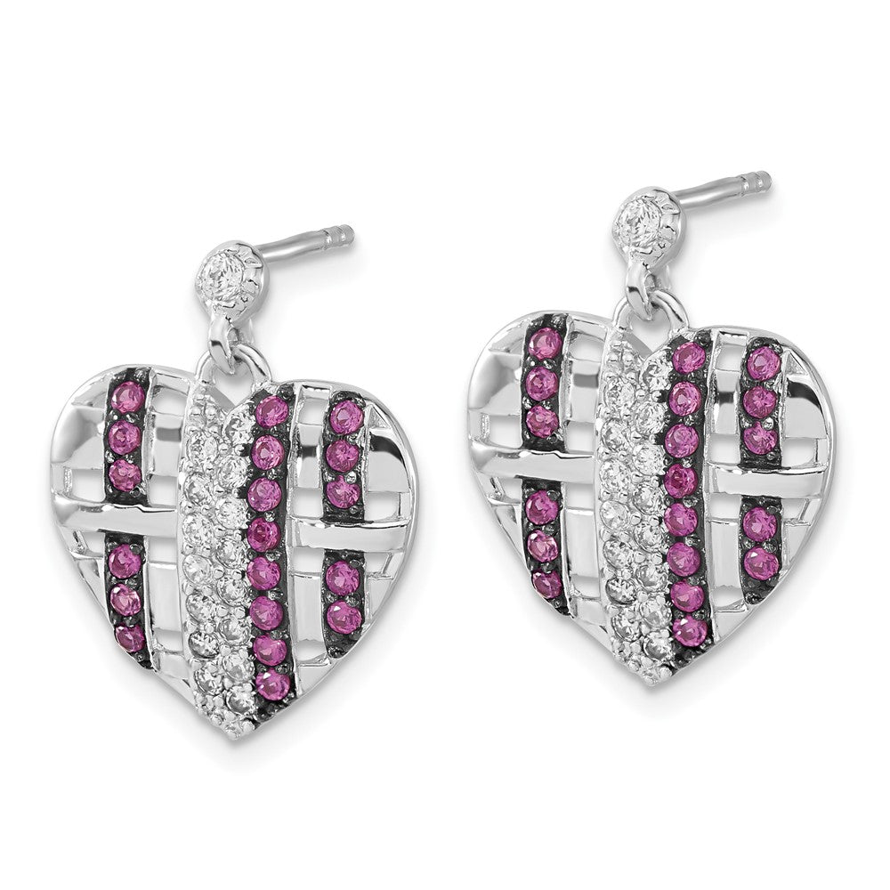 Sterling Silver w/ Black Rhodium Synthetic Ruby & CZ Heart Post Dangle Earrings