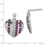 Sterling Silver w/ Black Rhodium Synthetic Ruby & CZ Heart Post Dangle Earrings