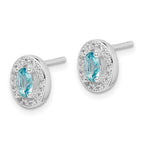 Sterling Silver Rhod-plated w/ Light Blue and White CZ Oval Earrings