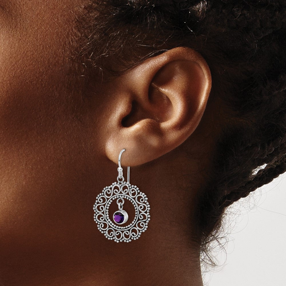 Sterling Silver Rhodium-plated Antiqued Filigree Amethyst Dangle Earrings