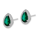 Sterling Silver Rhodium Simulated Emerald & CZ Post Earrings