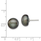 Sterling Silver Rhodium-plated 11-12mm Black Button Freshwater Cultured Pearl Post Earrings
