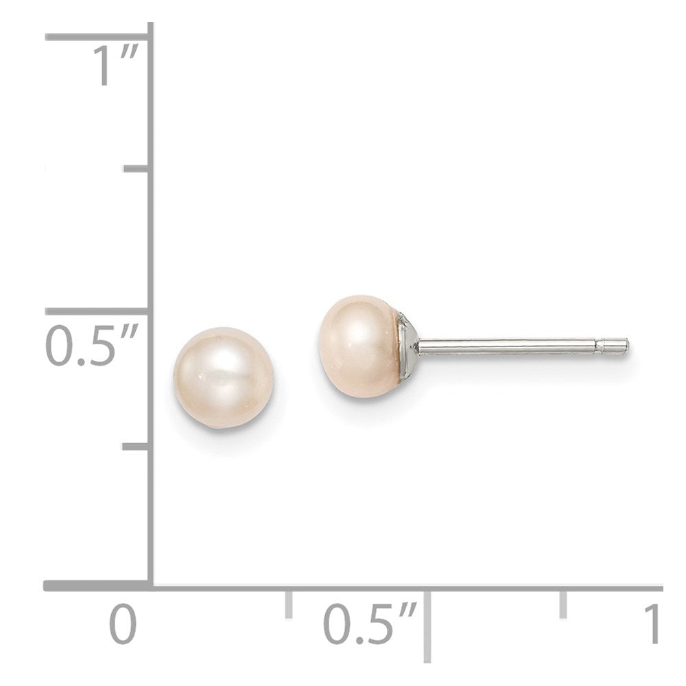 Sterling Silver Rhodium-plated 4-5mm Pink Button Freshwater Cultured Pearl Post Earrings