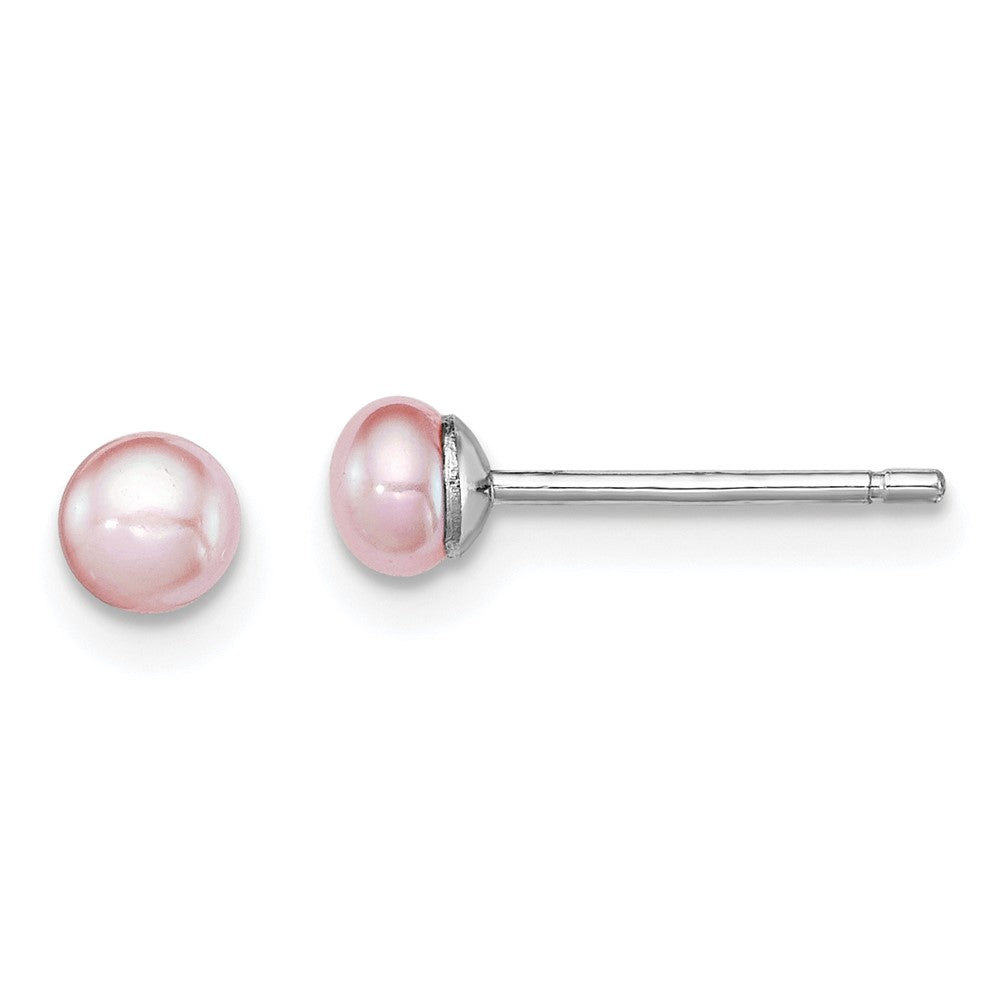 Sterling Silver Rhodium-plated 3-4mm Purple Button Freshwater Cultured Pearl Post Earrings