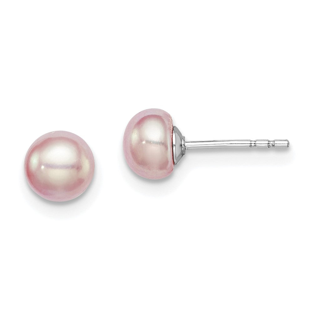 Sterling Silver Rhodium-plated 5-6mm Purple Button Freshwater Cultured Pearl Post Earrings