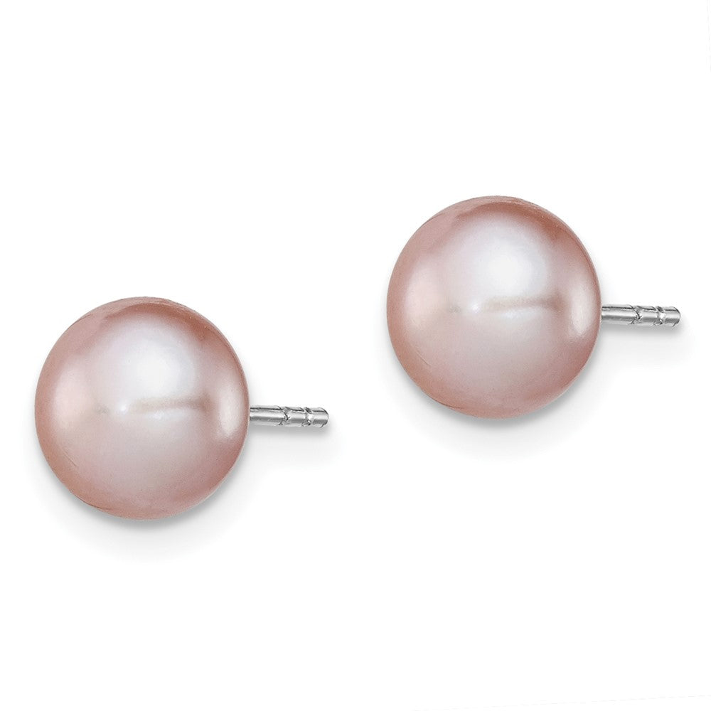 Sterling Silver Rhodium-plated 7-8mm Purple Button Freshwater Cultured Pearl Post Earrings