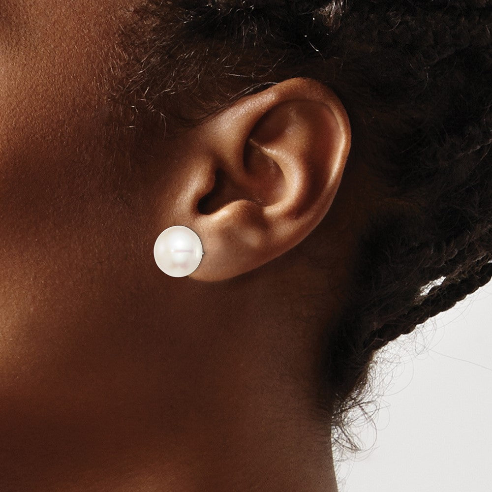 Sterling Silver Rhodium-plated 12-13mm White Button Freshwater Cultured Pearl Post Earrings