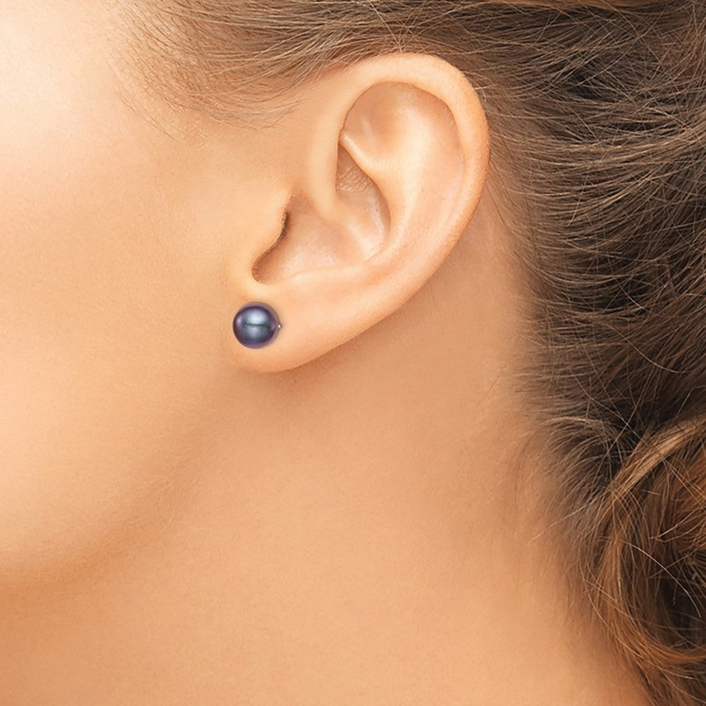 Sterling Silver Rhodium-plated 8-9mm Black Round Freshwater Cultured Pearl Post Earrings