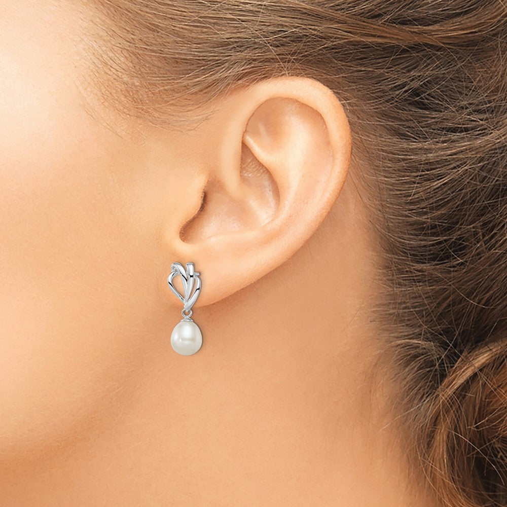 Sterling Silver Rhodium-plated 7-8mm White Rice Freshwater Cultured Pearl Post Dangle Earrings