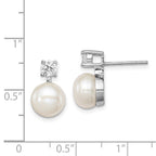 Sterling Silver Rhodium-plated 7-8mm White Button Freshwater Cultured Pearl and CZ Post Earrings