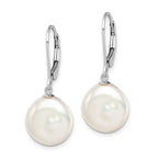 Sterling Silver Rhodium-plated 12-13mm White Coin Freshwater Cultured Pearl Leverback Dangle Earrings