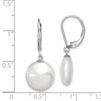 Sterling Silver Rhodium-plated 12-13mm White Coin Freshwater Cultured Pearl Leverback Dangle Earrings