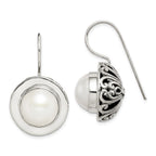 Sterling Silver Polished & Antiqued Fancy Filigree White 12-13mm Freshwater Cultured Mabe Pearl Dangle Earrings