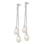 Sterling Silver Rhodium-plated 7-8mm White Rice Freshwater Cultured Pearl Post Dangle Earrings
