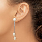 Sterling Silver Rhodium-plated 6-9mm White Rice and Button Freshwater Cultured 3-Pearl Post Dangle Earrings