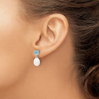 Sterling Silver Rhodium-plated 7-8mm White Teardrop Freshwater Cultured Pearl and 1.30BT Blue Topaz Post Dangle Earrings