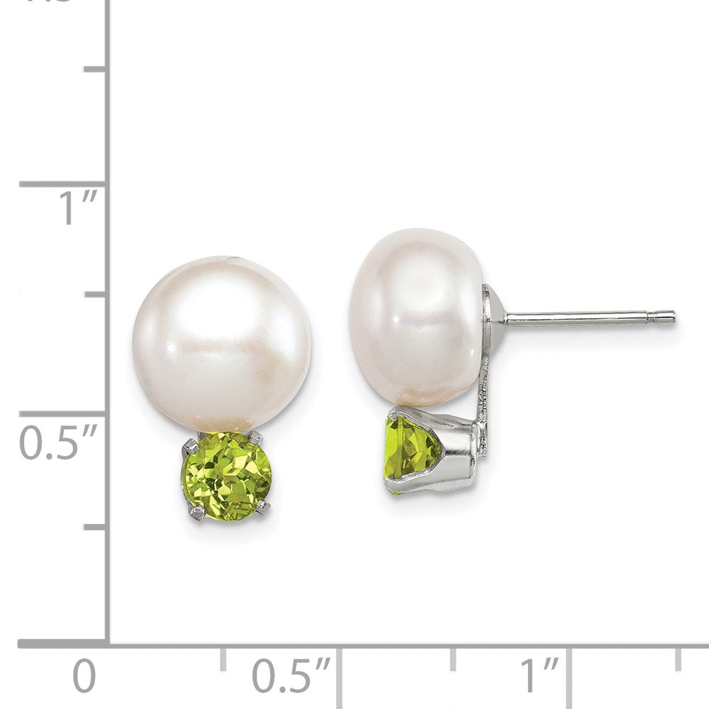 Sterling Silver Rhodium-plate 10-11mm FWC Button Pearl Peridot Earrings