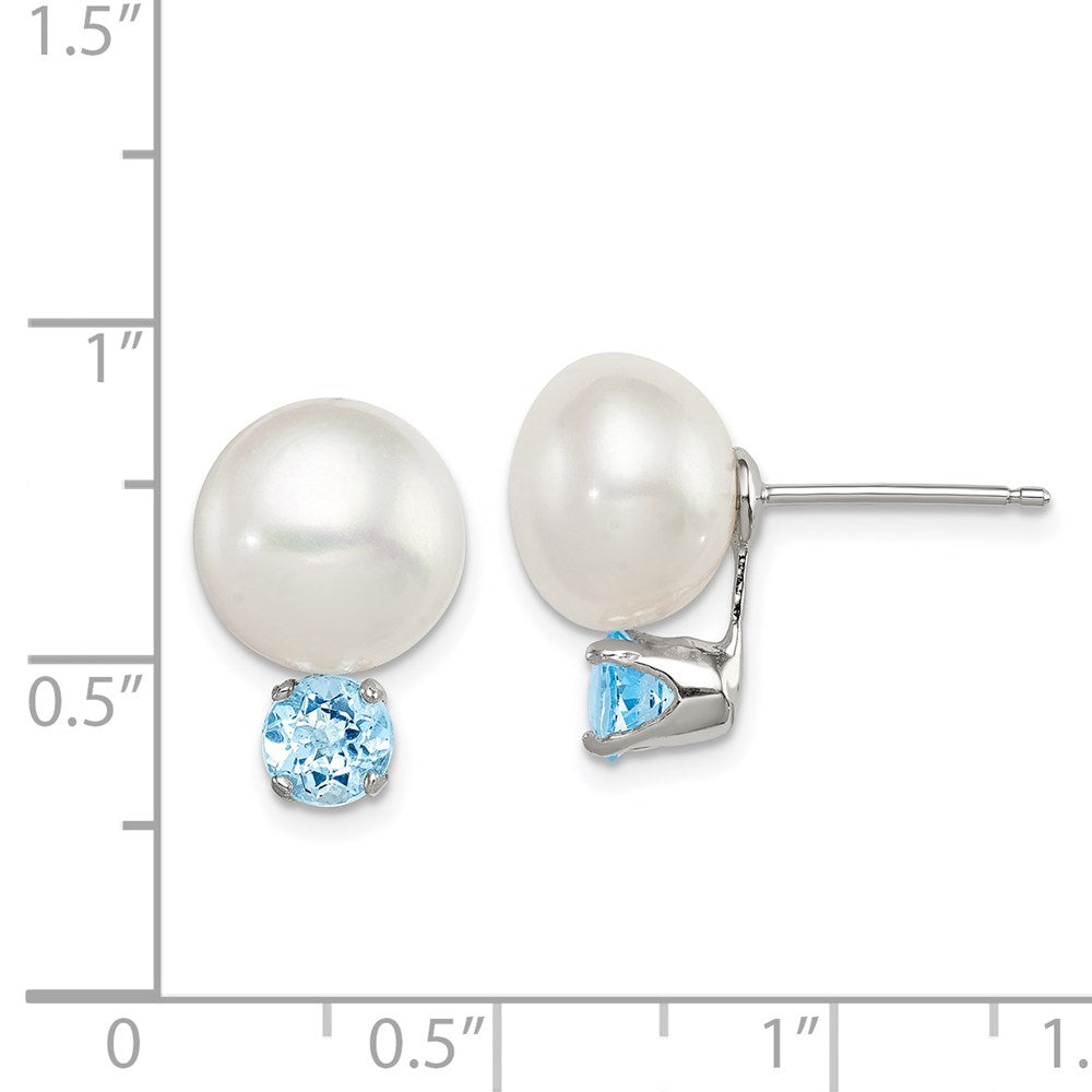 Sterling Silver Rhodium-pltd 10-11mm FWC Button Pearl Blue Topaz Earrings