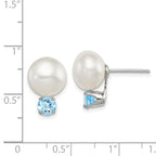 Sterling Silver Rhodium-pltd 10-11mm FWC Button Pearl Blue Topaz Earrings