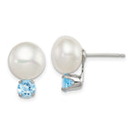 Sterling Silver Rhodium-pltd 10-11mm FWC Button Pearl Blue Topaz Earrings