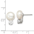 Sterling Silver Rhodium-plate 10-11mm FWC Button Pearl White Topaz Earrings